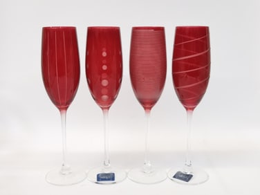 (4) Vintage Mikasa Ruby Red Patterned Champagne Glasses