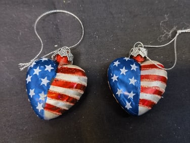 (2) American Flag Heart Shape Glass Ornaments