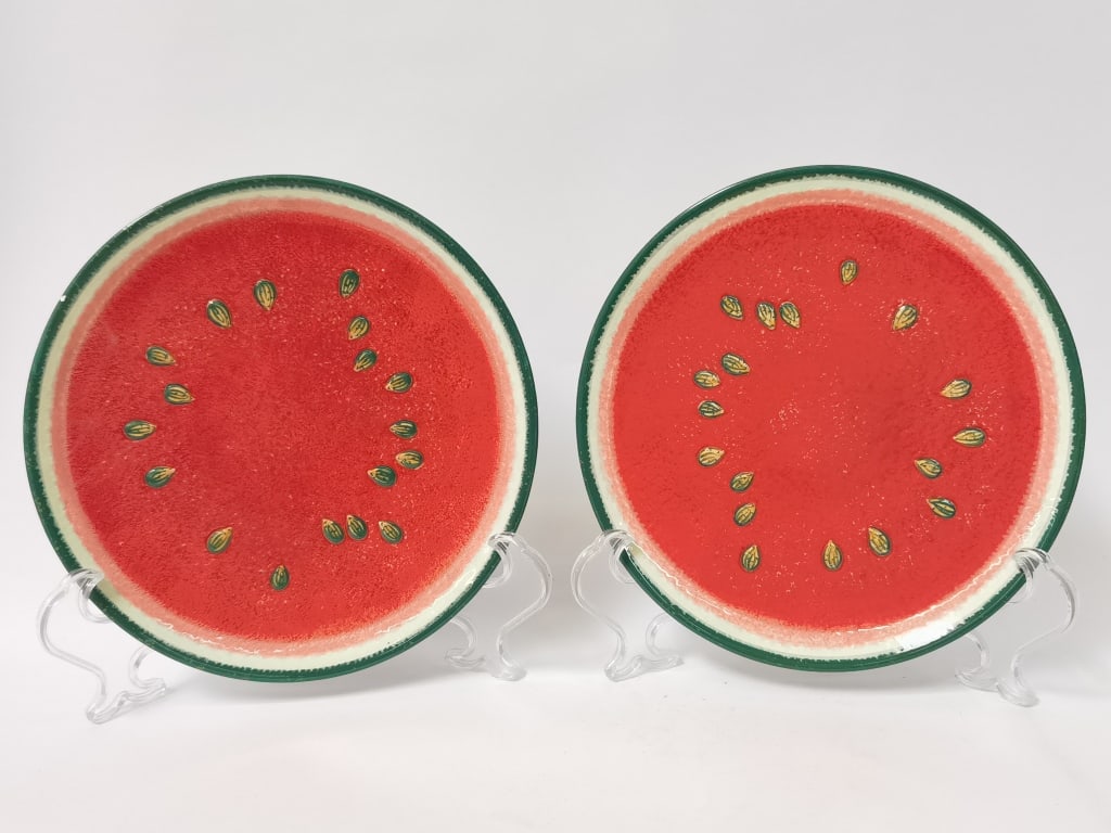 (2) Vintage Department 56 Porcelain Watermelon Pl: (2) Vintage Department 56 Porcelain Watermelon Plates, 8.25in