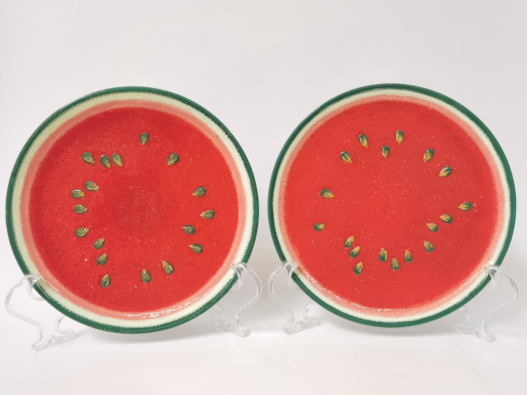 (2) Vintage Department 56 Porcelain Watermelon Pl: (2) Vintage Department 56 Porcelain Watermelon Plates, 8.25in