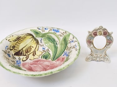 Vintage Italian Hand Painted Bowl and 3D Flower Fr