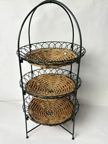 Vintage Metal Three-Tier Rattan Basket Stand