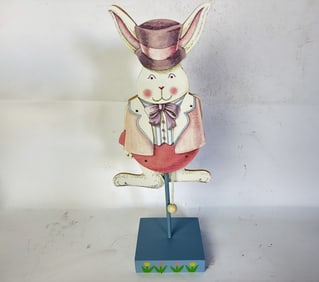Vintage Wood Carved Easter Bunny Pull Puppet Toy