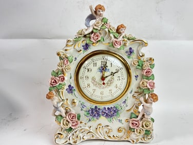 Vintage Signed E.C. Porcelain Floral Cherub Clock