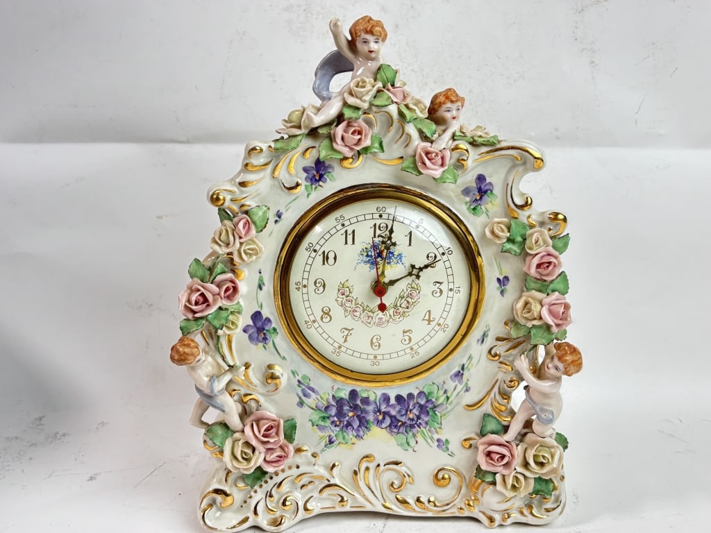 Vintage Signed E.C. Porcelain Floral Cherub Clock (1 of 8)
