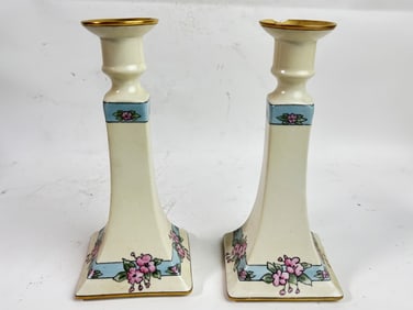 Pr. of B & Co. France Porcelain Floral Candlestick