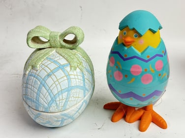 Porcelain Easter Egg Box and Wood Carved Chick Dec
