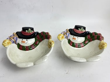 Pr. of Vintage Fitz & Floyd Porcelain Snowman Dish