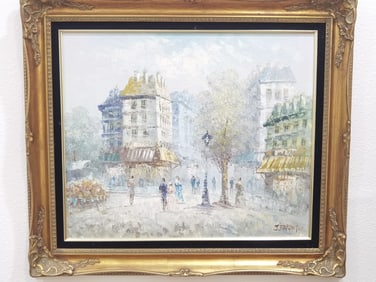 French Street Scene Oil Painting, Signed J. Bardot