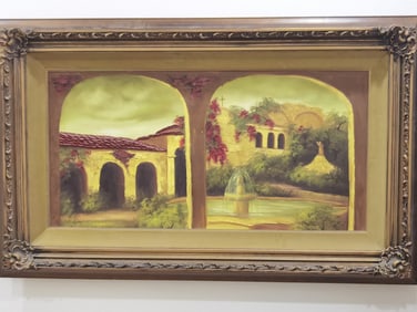 Courtyard Oil Painting on Canvas, Signed Lie