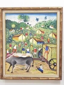 Haitian Village Oil Painting, Signed Michel