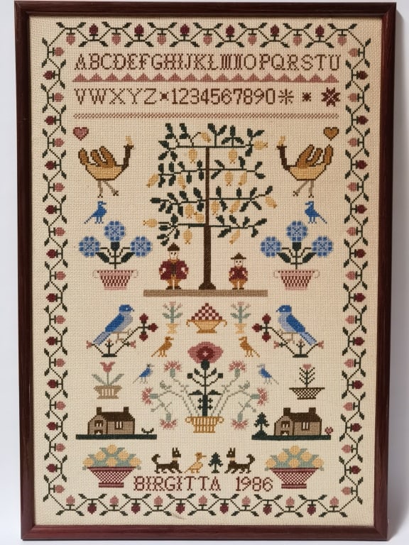 1986 Birgitta Alphabet and Numbers Embroidery: 1986 Birgitta Alphabet and Numbers Embroidery, 22.5in by 16in