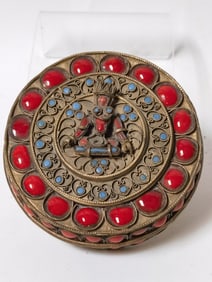 Vintage Chinese Tibetan Coral/Turquoise Inlay Meta