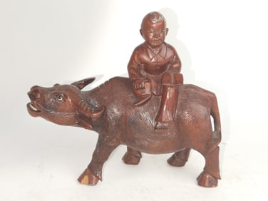 Vintage Chinese Wood Carved Boy Riding Ox