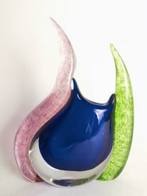 Vintage Art Deco Blue/Pink/Green Blown Glass Vase