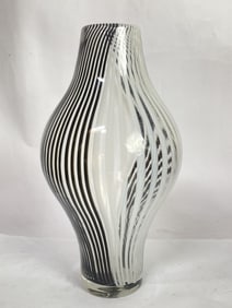 Vintage Black and White Stripe Art Glass Vase