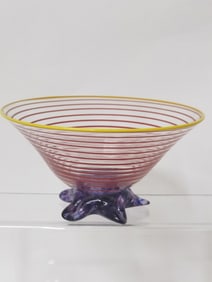 Vintage Signed Red Spiral Art Glass Bowl