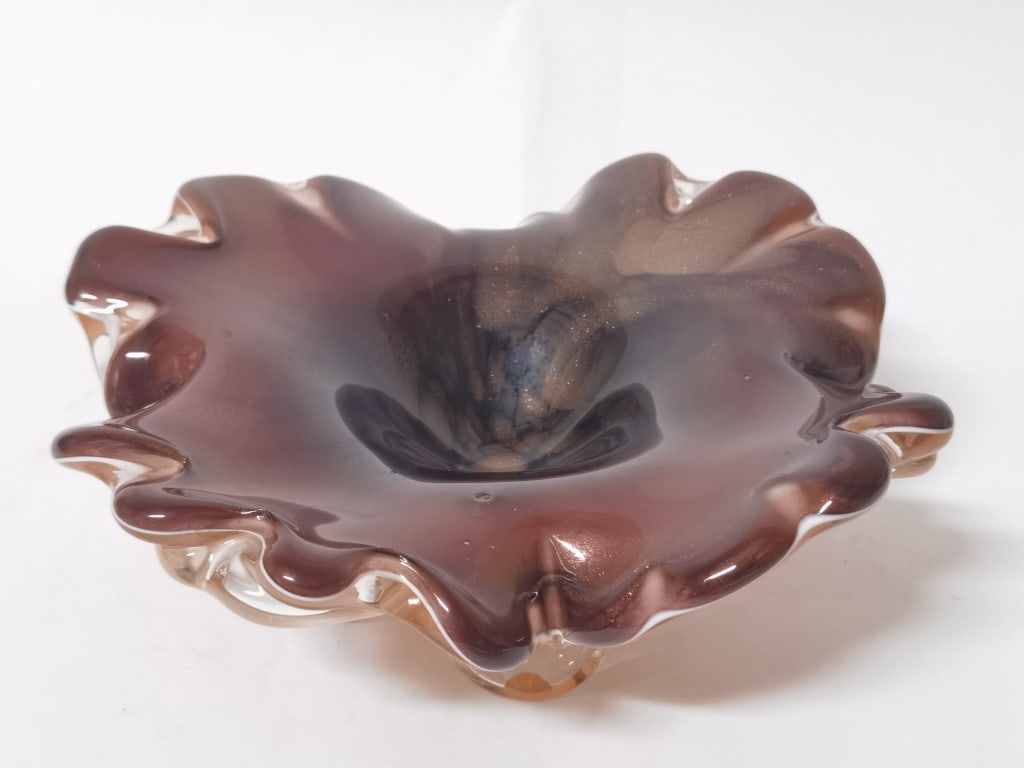 Vintage Murano Italy Glitter Brown Glass Bowl: Vintage Murano Italy Glitter Brown Glass Bowl, 3.75in by 9.5in
