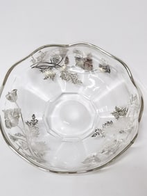 Vintage Silver Overlay Clear Glass Dish