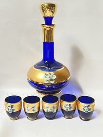 Vintage Bohemian Hand Painted Cobalt Blue Glass De