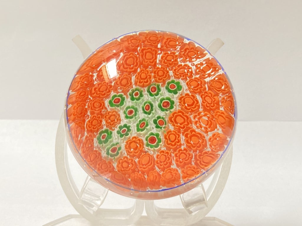 Murano Style Millefiori Glass Paperweight: Murano Style Millefiori Glass Paperweight, 2.25in by 3in