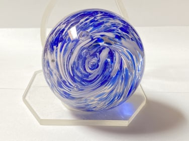Umarked Blue and White Swirl Glass Paperweight