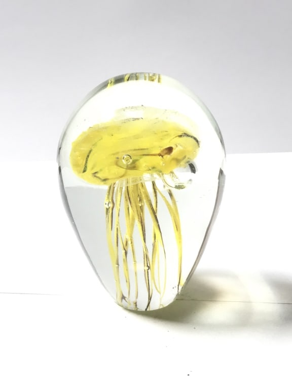 Unmarked Yellow/Brown Jellyfish Glass Paperweight: Unmarked Yellow/Brown Jellyfish Glass Paperweight, 4 1/8in by 3 1/8in