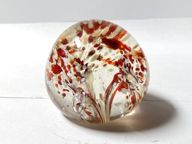 Unmarked Red/White Splatter Flower Glass Paperweig