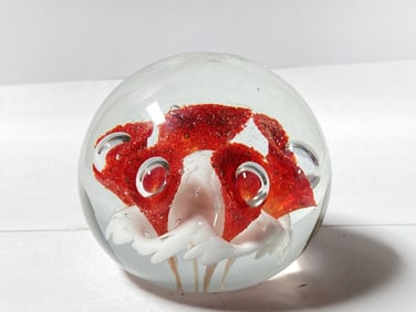 Unmarked Bubble Red Flower Glass Paperweight