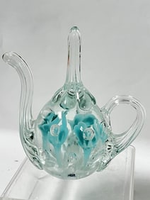 Vintage Blue Flower Clear Glass Teapot Paperweight