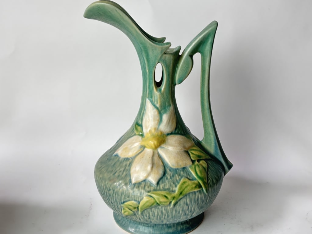 1944 Roseville Pottery Clematis Ewer: 1944 Roseville Pottery Clematis Ewer, 10.5in by 7.5in