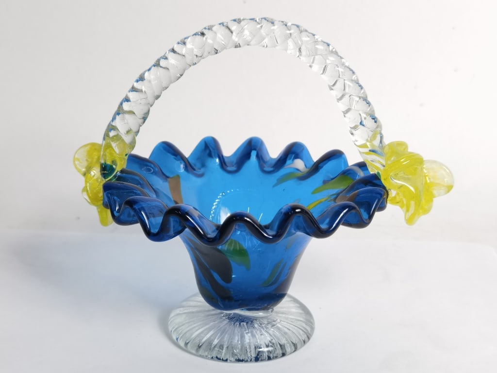 Vintage Hand Blown Blue Ribbed Glass Basket: Vintage Hand Blown Blue Ribbed Glass Basket, 5.5in by 6in