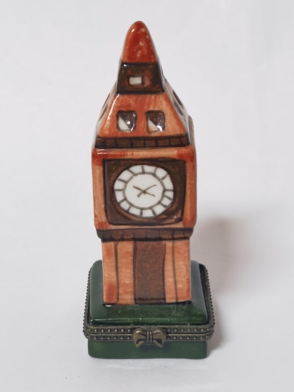 Vintage Porcelain Big Ben Trinket Box: Vintage Porcelain Big Ben Trinket Box, 4in by 1.5in by 1.5in