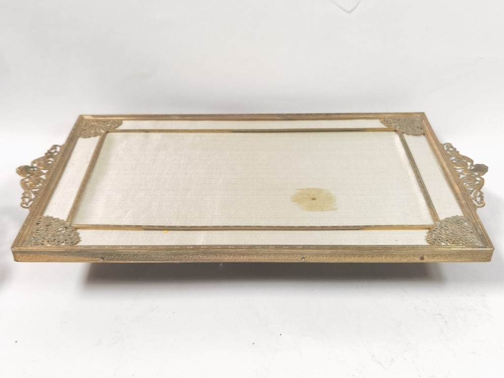 Vintage Metal Frame Fabric Vanity Tray: Vintage Metal Frame Fabric Vanity Tray, 1in by 16in by 9.25in