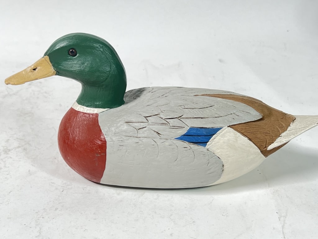 3/15/93 J. Lee Wood Mallard Duck Decoy: 3/15/93 J. Lee Wood Mallard Duck Decoy, 5in by 10.25in