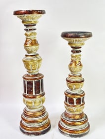 (2) Wooden Tall Distressed Candlesticks