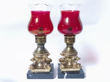 Pr. of Vintage Bronze Candlesticks with Cranberry