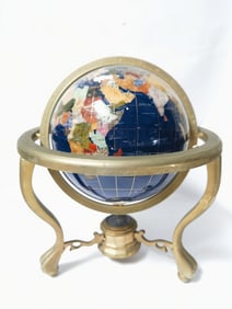 Vintage Precious Stone Inlay Globe with Bronze Sta