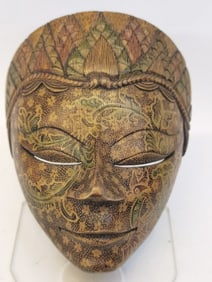 Vintage Indonesian Hand Painted Wood Carved Mask
