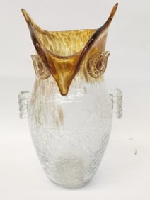 Vintage Murano Italy Crackle Art Glass Owl Vase