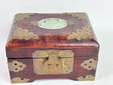 Chinese Jade Inlay Wood Carved Jewelry Box