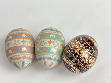 (3) Wood Carved Hand Painted Easter Eggs