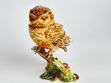 Vintage Enamel over Metal Owl Trinket Box