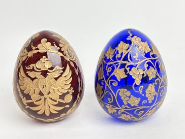 (2) Russian St. Petersburg Gilt Art Glass Eggs
