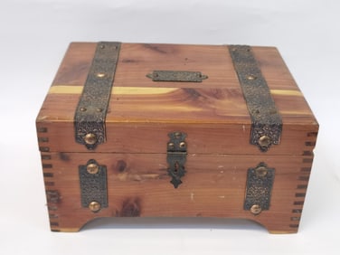 Vintage Wood Jewelry Box with Bronze Decor