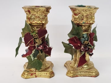 Pr. of Gilt Wood Carved Pillar Candlesticks