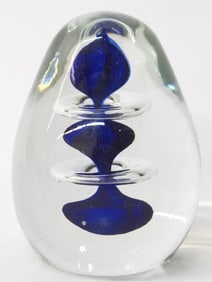 Vintage Blue and Clear Bubble Art Glass Egg Paperw