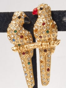 Costume Gold-Tone Rhinestone Parrots Brooch