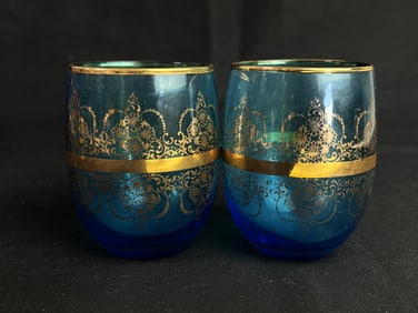 Pr. of Vintage Bohemian Gilt Blue Glasses