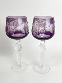 (2) Vintage Amethyst Cut-to-Clear Wine Glasses